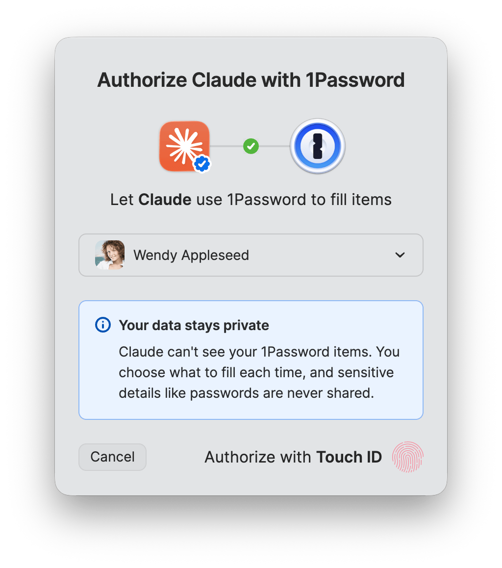The prompt to select a 1Password account and approve the connection to Claude using Touch ID.
