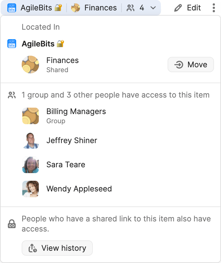 Select the item details area to see who has access to an item.