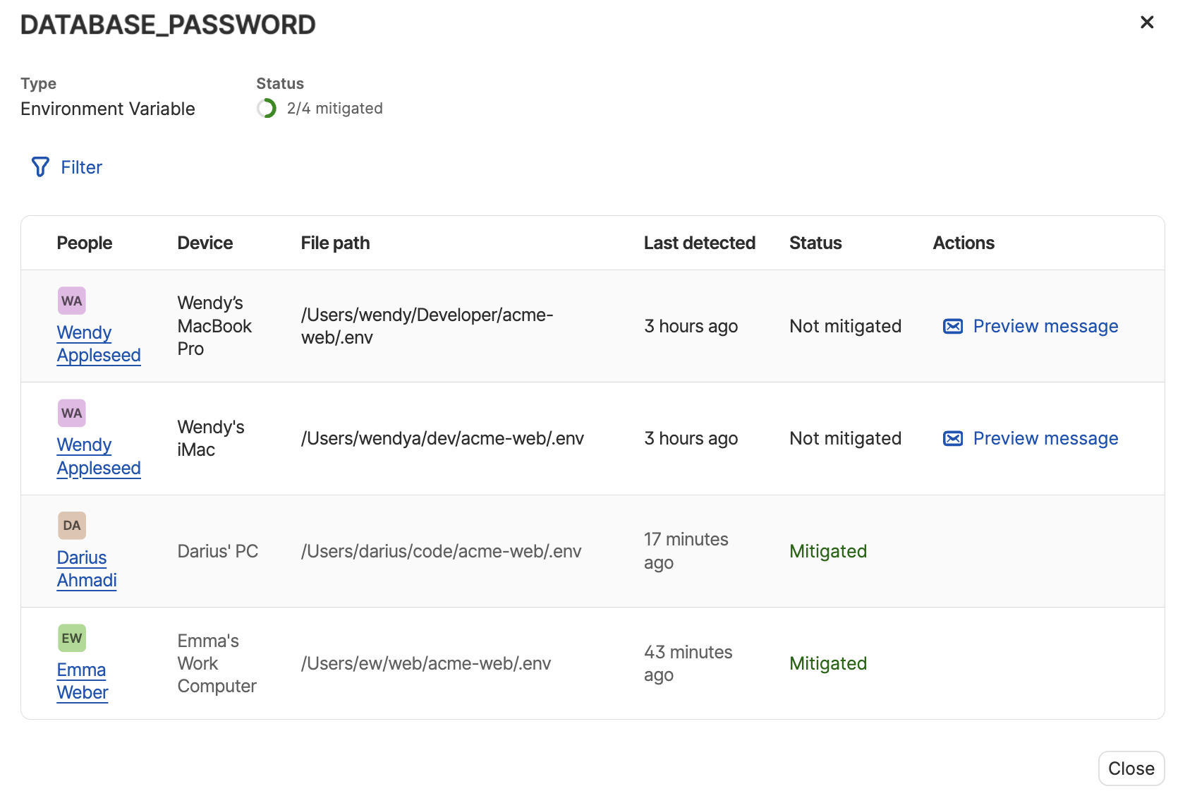 The people page for a detected secret in the developer secrets discovery report that shows the mitigation status and available actions for each occurrence of the secret.
