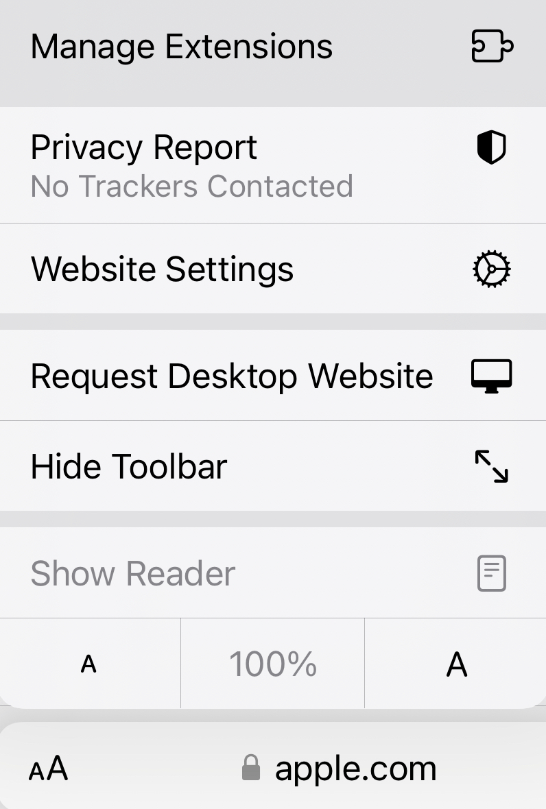 L’option Gérer les extensions sélectionnée dans le menu Paramètres des pages Safari.