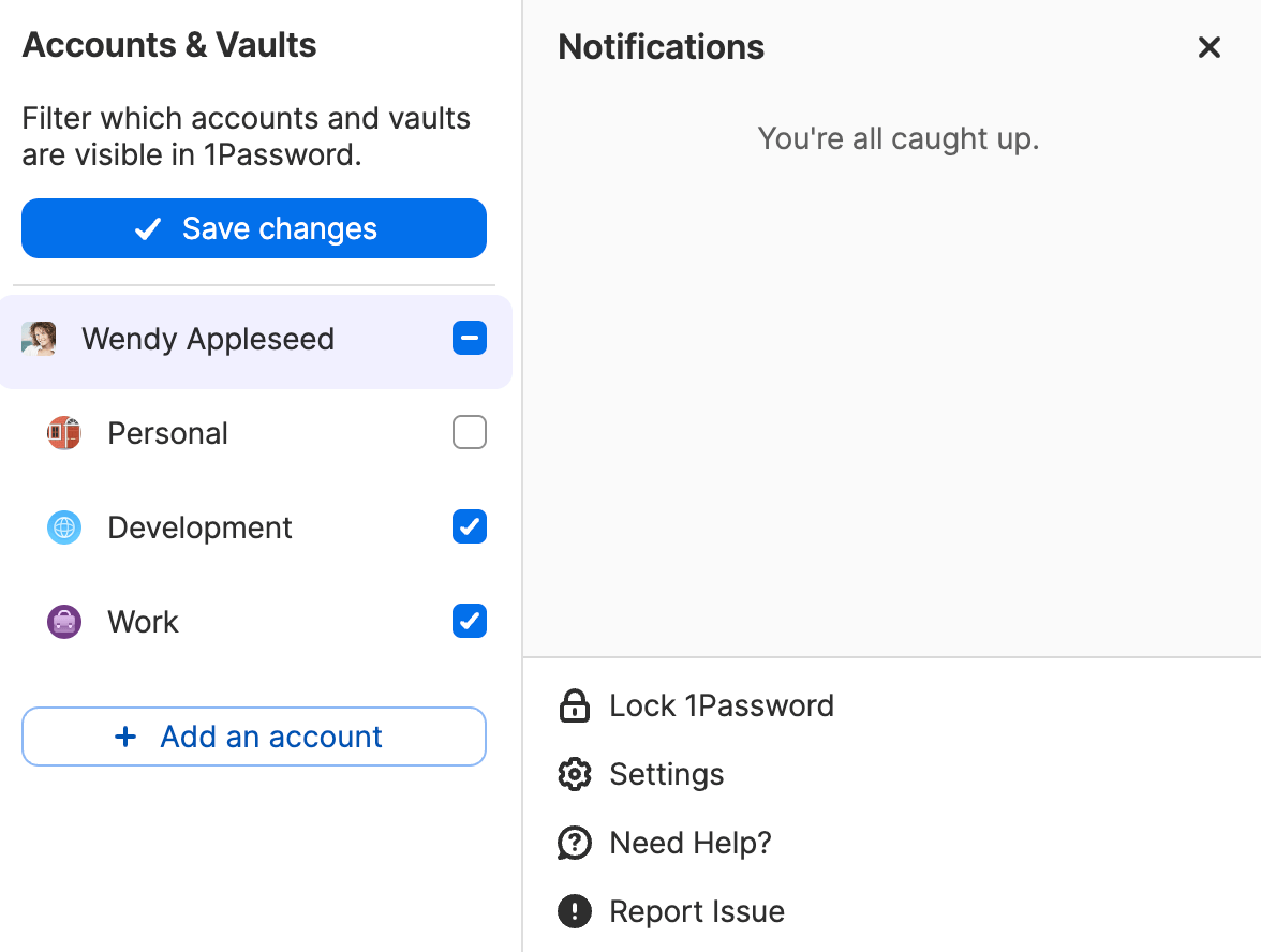 Liste des comptes et des coffres-forts dans la fenêtre contextuelle 1Password