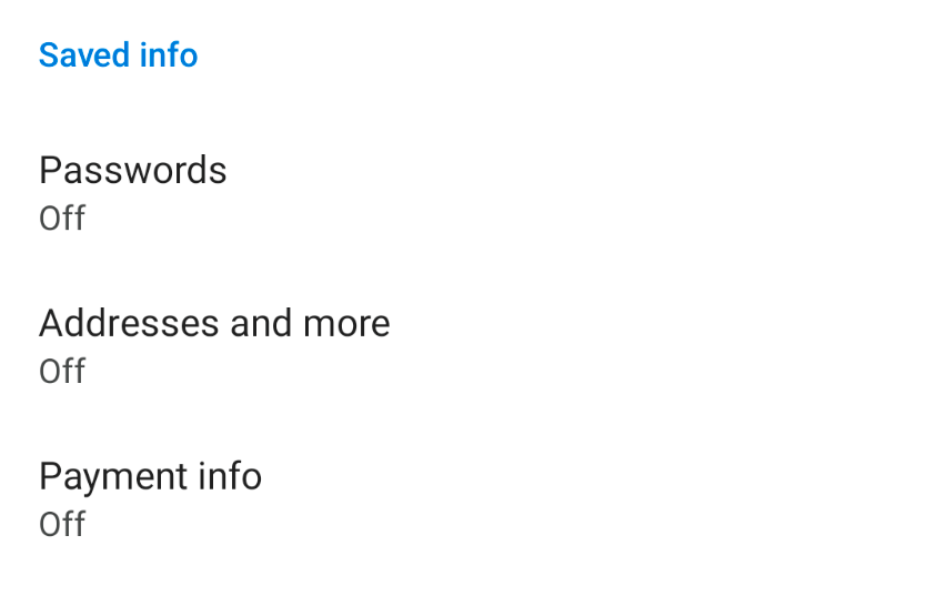 The account menu in Edge with every 'Saved info' option turned off