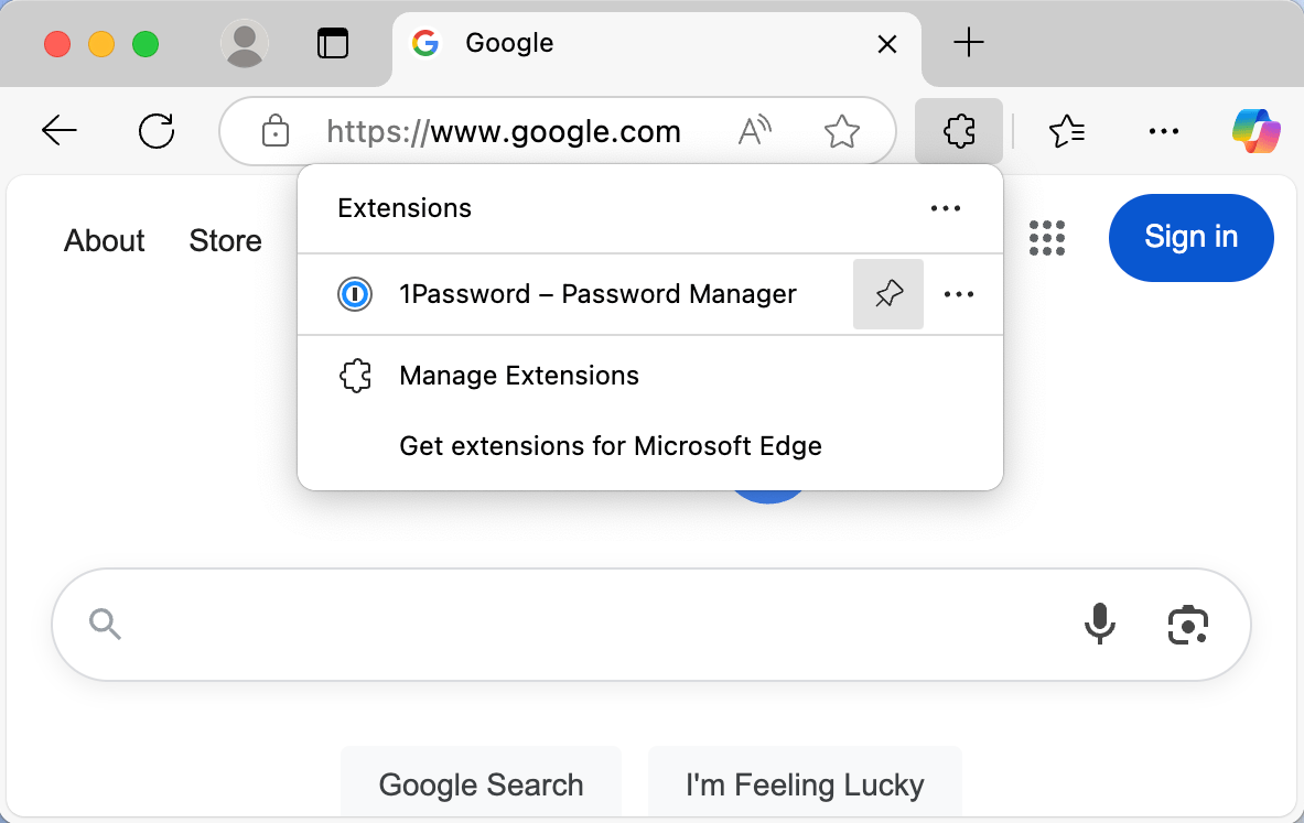Add the 1Password button to the toolbar in Edge