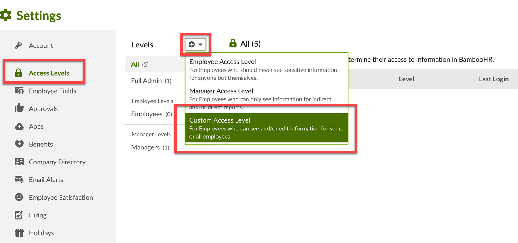 The BambooHR Access Levels Settings page