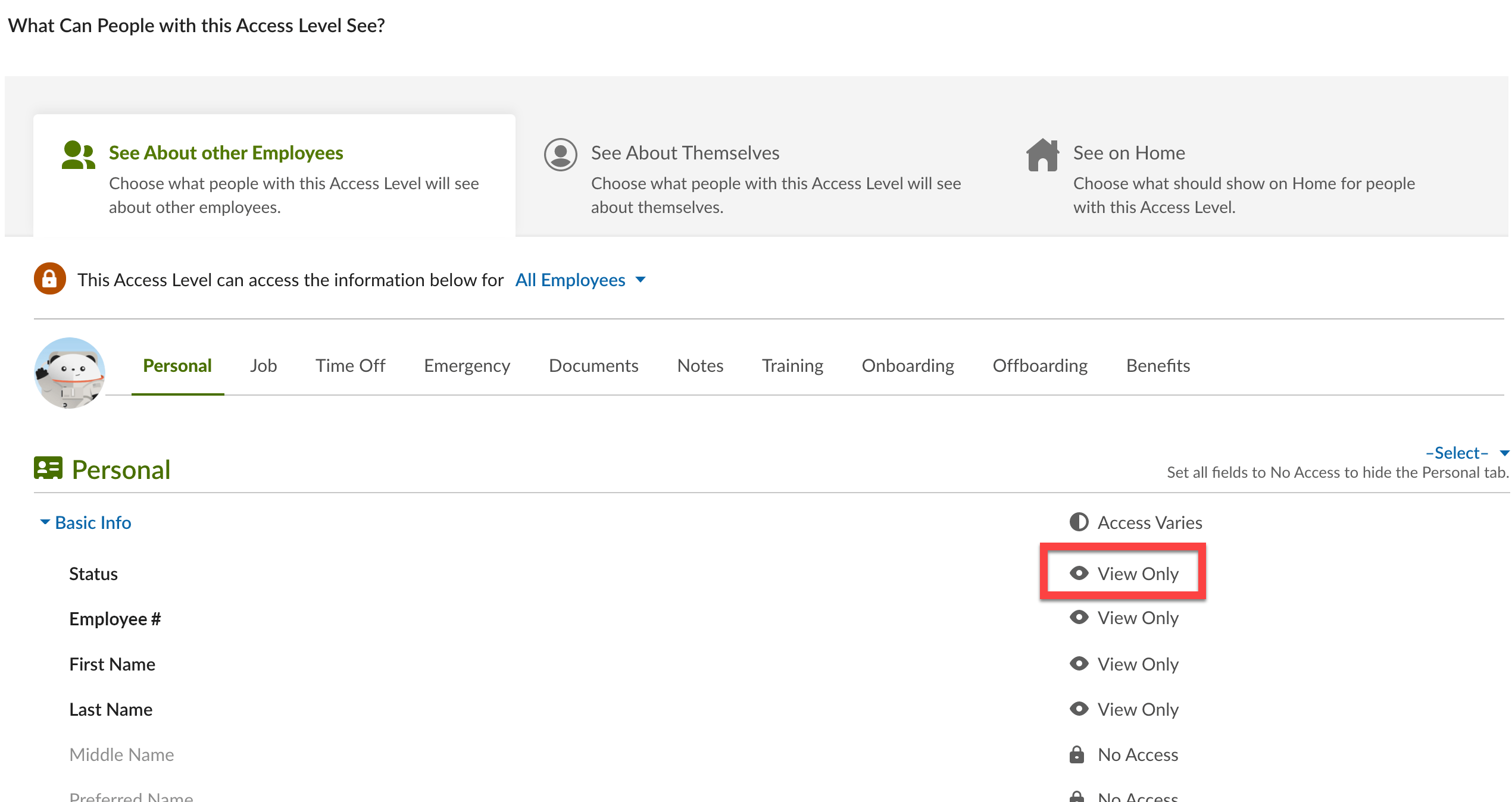 The 'See About other Employees' Access Level Settings