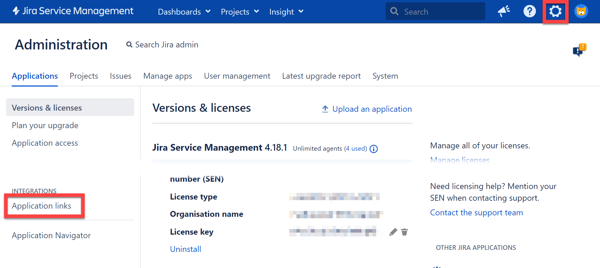 The Application links menu